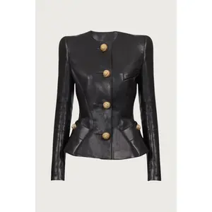 Peplum Gold Button Leather Jacket