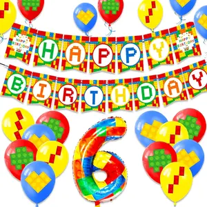 LaVenty 6th Birthday Decoration Building Blocks Themed Party Decorations Building Blocks Balloons Banner Colorful Themed Birthday Party Pack Supplies Number 6 Balloons