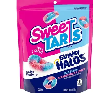 SweeTARTS Gummy Halos, Candy, Blue Punch and Strawberries and Cream, Tart and Chewy, Soft and Fluffy, 11 oz Bag