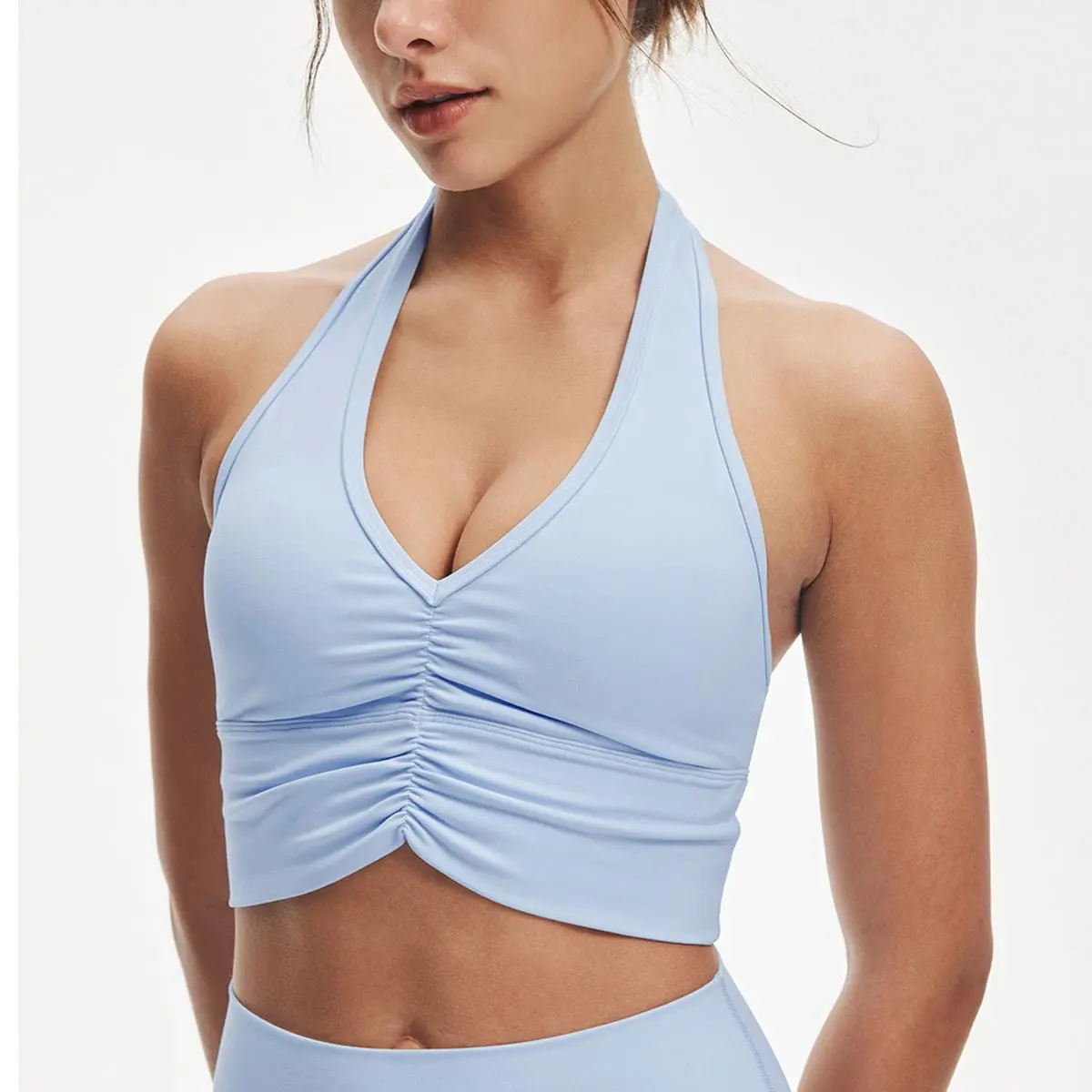 ATHLUNA Halter V-Neck Sports Bra, Cute Ruched LunaAiry Padded Light Support Top for Women's Fitness, Yoga & Everyday Wear, Yoga Bra