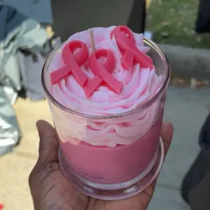 Breast Cancer Awareness Strawberry Candle with Pink Ribbon Design and Fragrant Strawberry Scent
