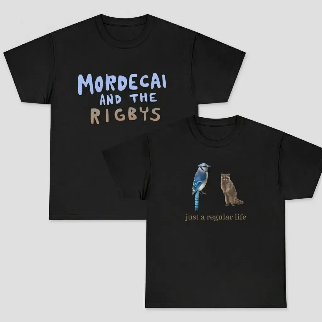 Regular Show Unisex T-Shirt, Casual Shortsleeve Cotton Tops with Mordecai & Rigby Character Print, Funny Nostalgia Gift for Fans, Graphic Tee, Round Neck