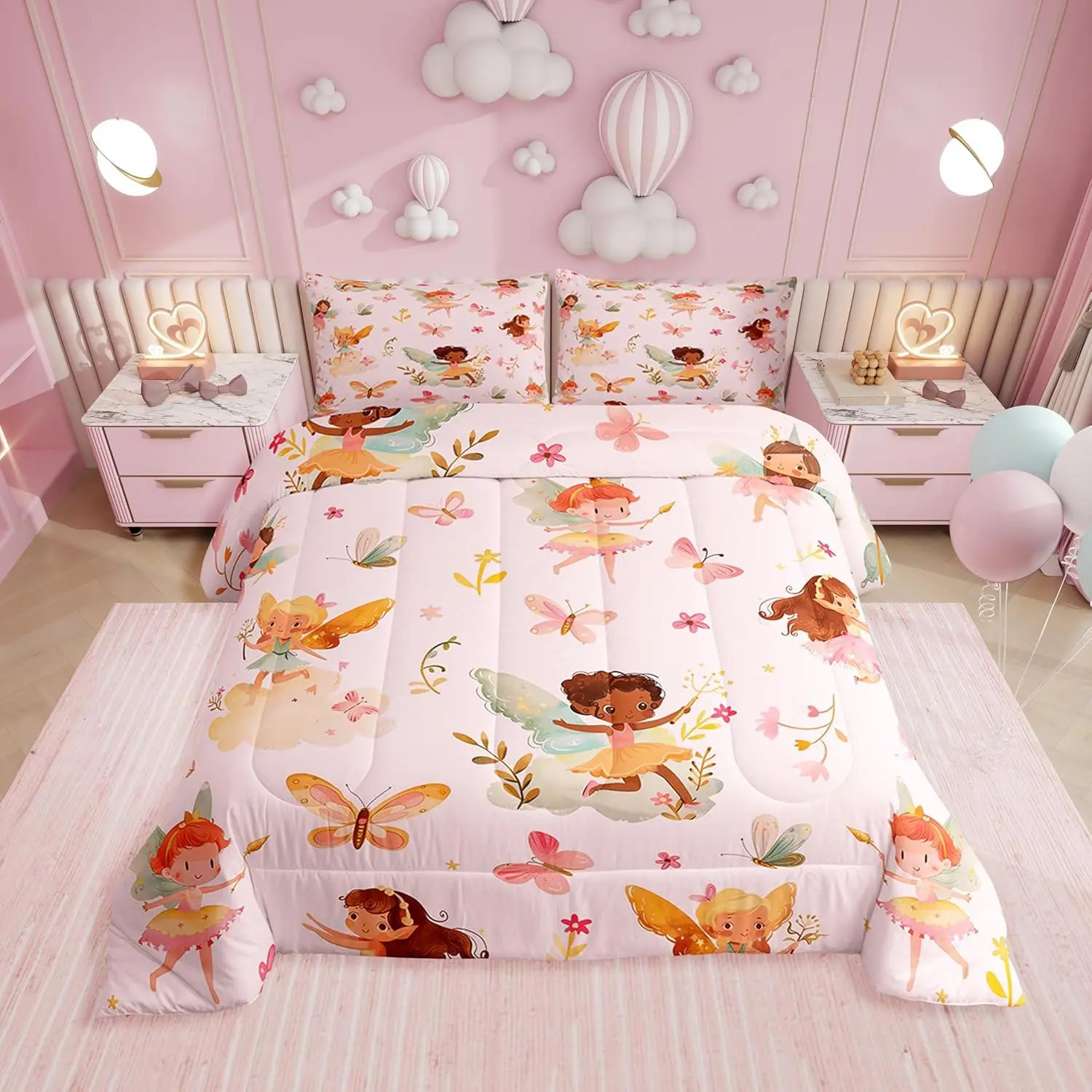 Pink Fairy Comforter Set - Butterfly Floral Cute Bedding Sets,Fairies Garden Flowers Bed Set | Aesthetic Flower Princess Room Decor