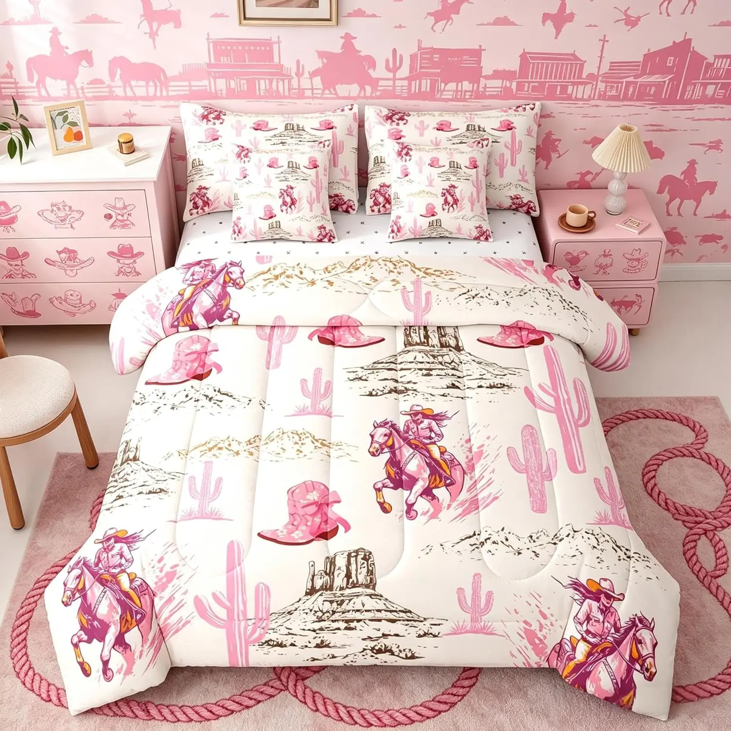 Western Cowboy Comforter Set,Cowgirl Boot 7 Pcs Bedding and Adults,Bed in a Bag,Western Aesthetic Bed Sheet Sets with Fitted Sheet Pillowcases for Bedroom Bed Decor Vintage Cowboy