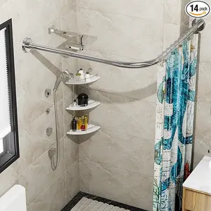 Stainless Steel Curved Shower Curtain Rod L Shaped Extendable for Bathroom Tub & Corner Silver-4340
