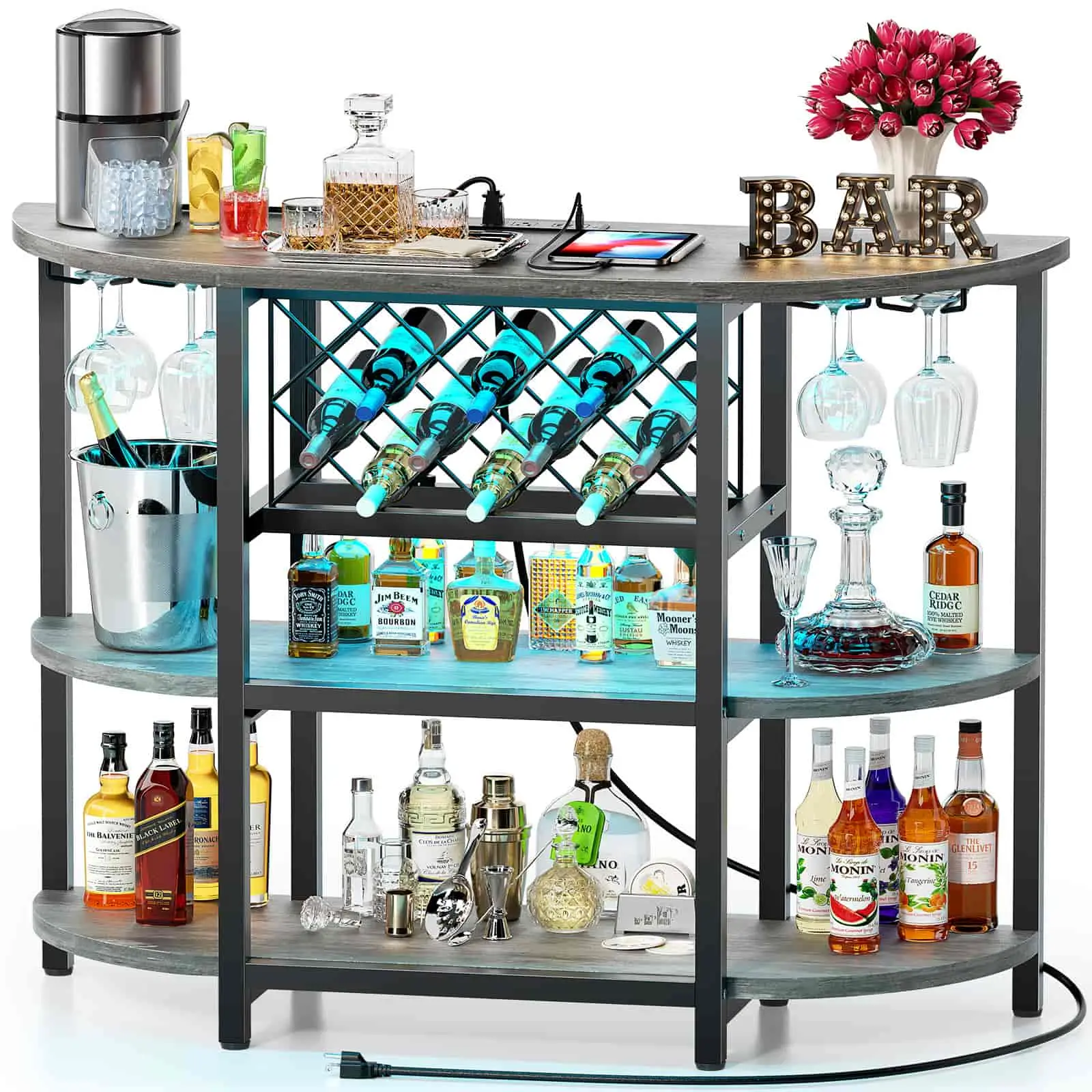 Bar Table Cabinet with Power Outlet, LED Home Mini Bar Cabinet for Liquor, Metal Wine Bar Stand with 4-Tier Storage, Easy to Assemble, Grey