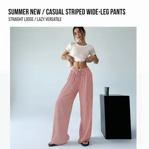 Striped wide-leg pants  independent station new summer straight loose women's casual pocket pants