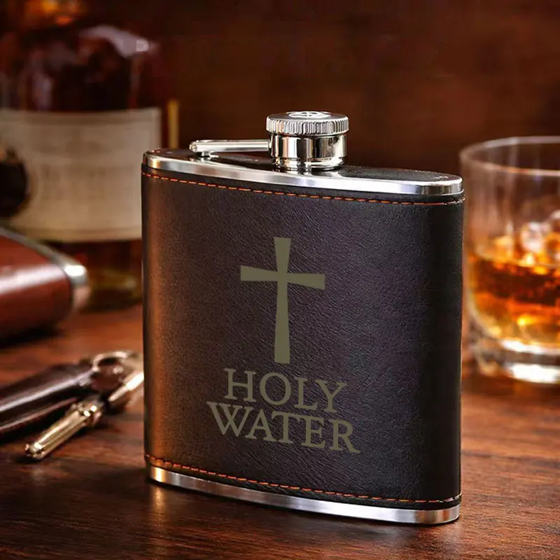Cross & Holy Water Design Leather Flask, Portable Drinkware Flask, Stainless Steel & Leather Portable Liquor Flask, Compact Reusable Drinking Flask, Suitable for Liquor, Travel-Friendly Pocket Flask, Gift for Christian Friends/Men