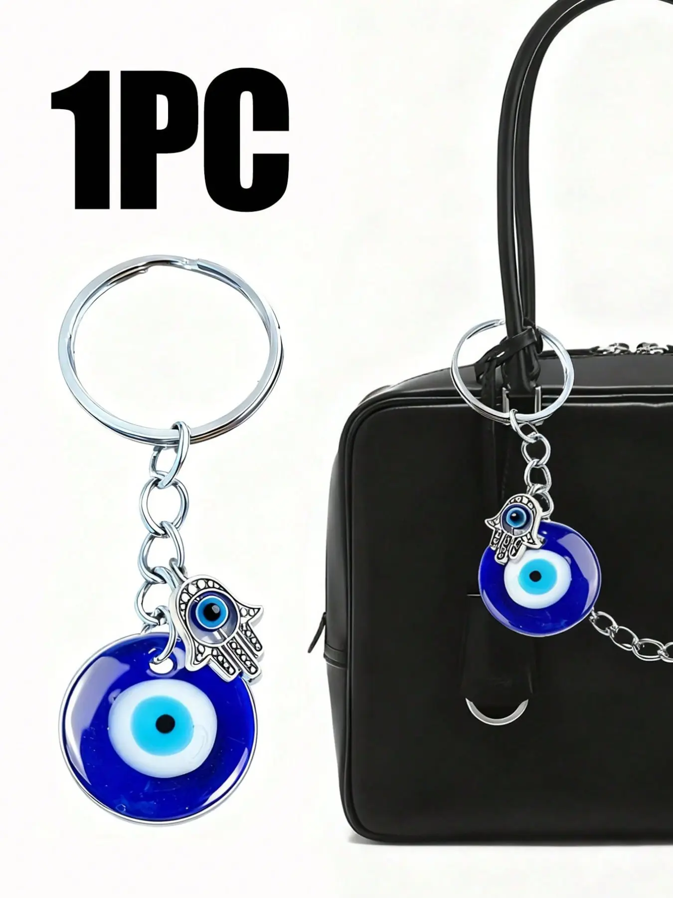 Blue Evil Eye Fatima Hand Keychain Amulet, Lucky Alloy 2 Piece Set, Hangs on Backpack, Bag, Car Keys, Phone Accessories, Gift for Friends