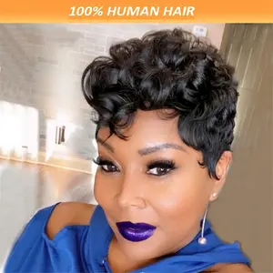 2025 NEW Wholesale Elegant 6-Inch Pixie Cut Wig with Bangs for Women - 180% Density, Loose Wave Human Hair, No Lace Front, Quick Weave, Includes Wig Cap