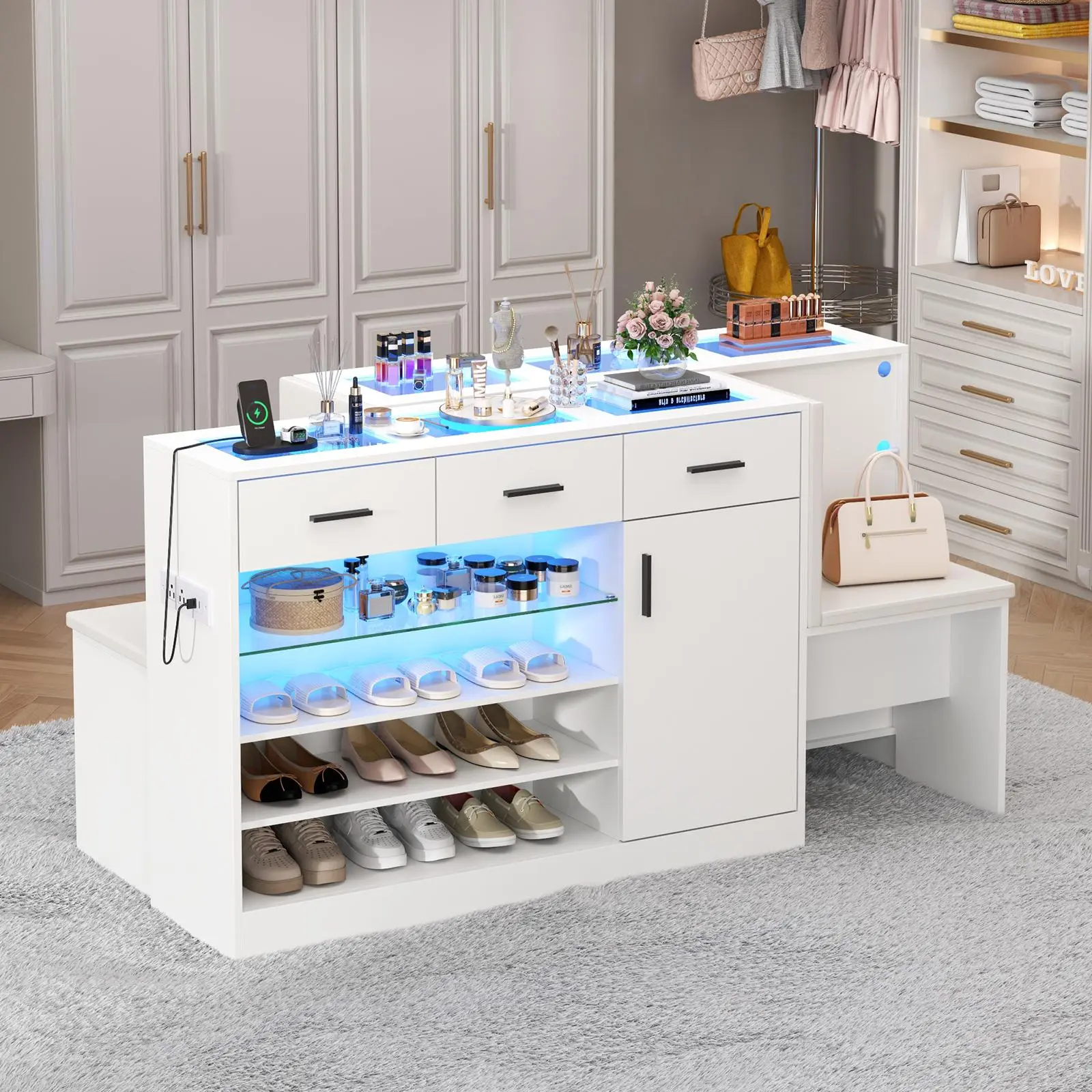 Gyfimoie Wardrobe Armoire Closet with Charging & LED Light,Walk-in Closet Island Dresser with Glass Showcase,3 Drawers & Doors, Modern Storage Display Cabinet with Bench for Bedroom（White）