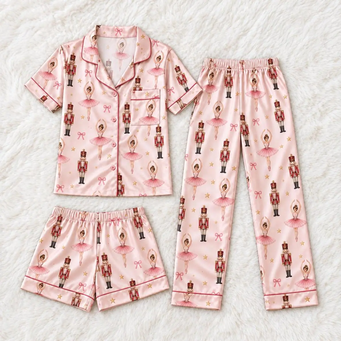 Pink Satin Nutcracker and Ballerina Pajamas, Mommy and Me Matching PJs, Christmas Sleepover Party, Long Sleeve Set, Short Sleeve Set, Cozy Fit, Perfect for Any Season, Classic Styles, Never Go Out of Fashion