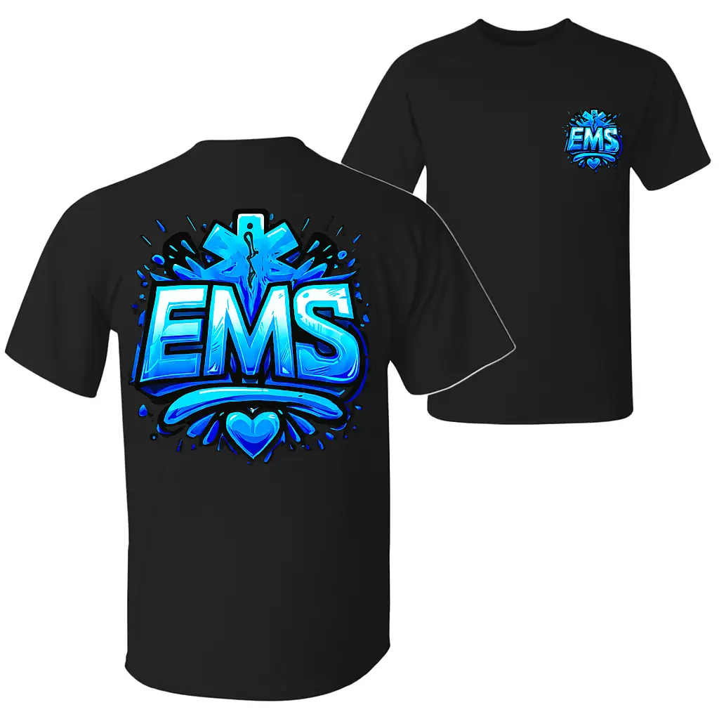 Graffiti EMS T Shirt, Bold Blue 3D EMS Lettering with Star of Life and Heart Accents, Urban Street Style Graphic Shirt for Emergency Medical Services and First Responders, Trendy Gift for EMT Worker