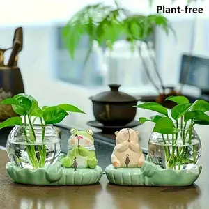 Cute Ceramic Cat & Frog Hydroponic Flower Pot Set – Desktop Vase for Indoor Plants – Funny Planting Pot for Home Decor – Ideal Gift for Plant Lovers