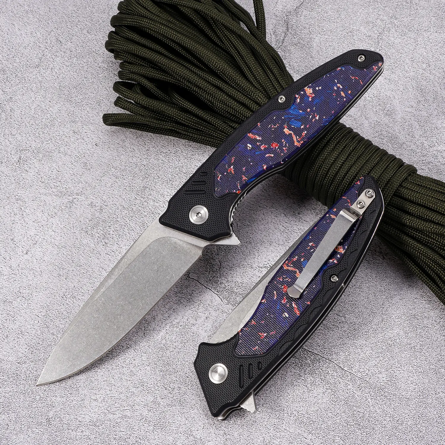 EDC Starry Sky Tactical Folding Pocket Knife with G10 Ergonomic Handle, Pocket-Belt Clip, Survival Gear Emergency Tool for Camping, Fighting, Whittling, Portable Outdoor Cutting Equipment