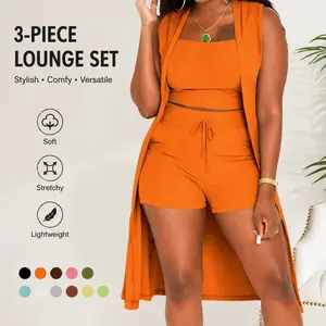 Three-Piece Set Women's Solid Ribbed Co-ord Set, Casual Crop Tank Top & Drawstring Waist Shorts & Vest Coat Set for Daily Wear, Summer Clothes, Women's Clothing