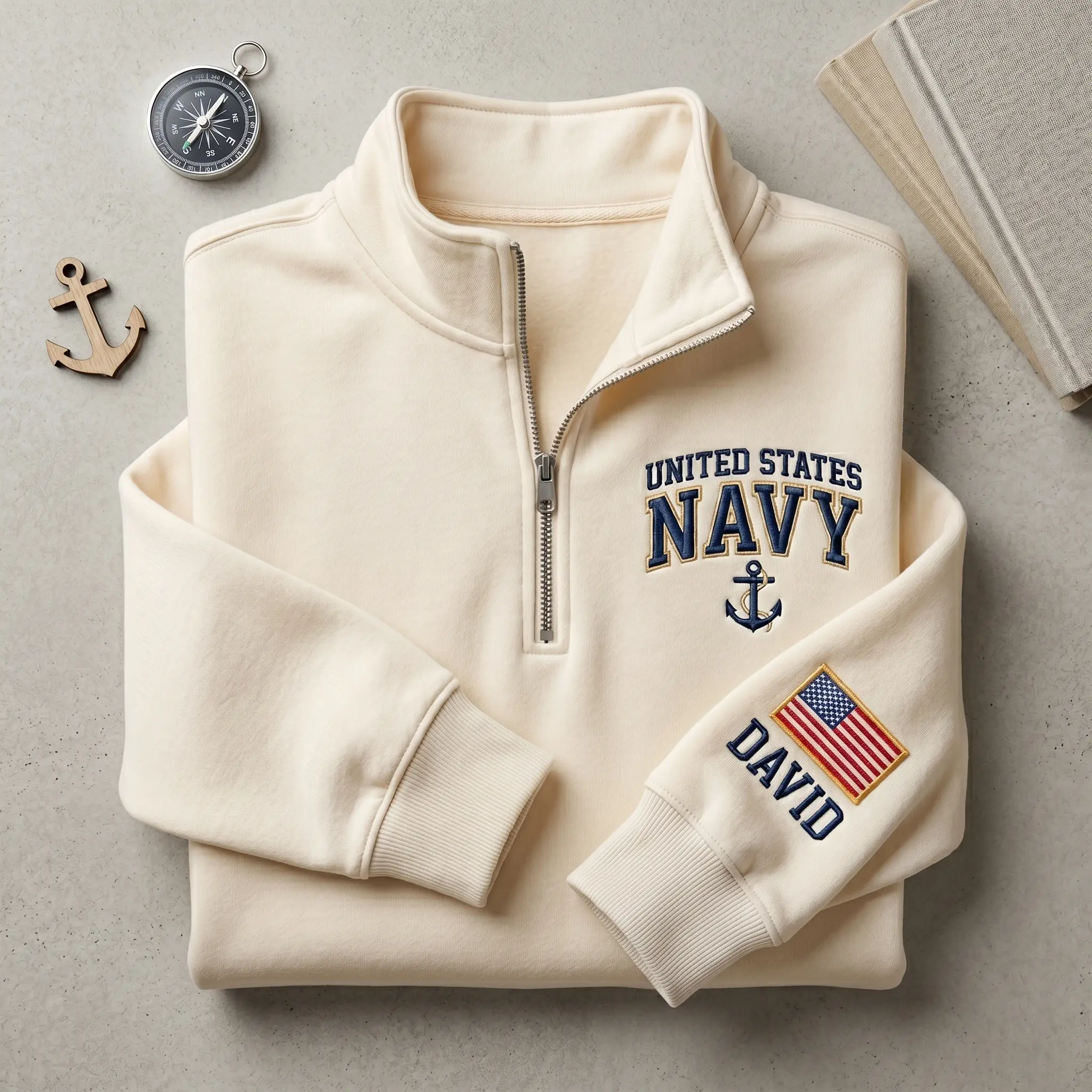 (Leave a note) Custom Name Embroidered United States Navy Quarter Zip Sweatshirt, Military Pullover, Personalized Patriotic, Veteran Day Patriotic Shirt