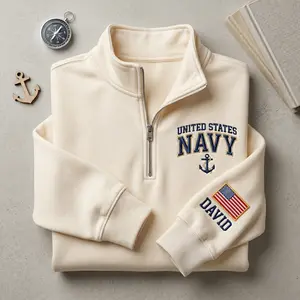 (Leave a note) Custom Name Embroidered United States Navy Quarter Zip Sweatshirt, Military Pullover, Personalized Patriotic, Veteran Day Patriotic Shirt