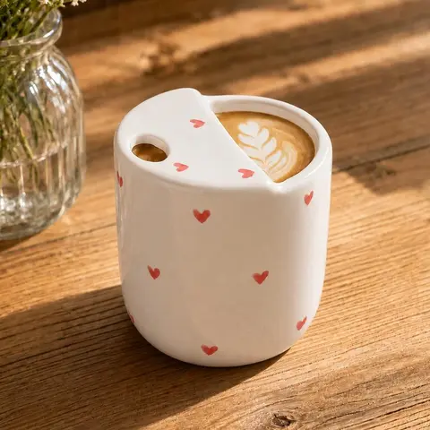 300ml Handmade Aesthetic Ceramic Pottery Mug - Cute Pink Heart Handpainted Drinkware, Food-Grade Clay Cup, Reusable Adult Everyday Tumbler, Perfect Gift for Patterned Ceramic Mug Lovers, Ceramic Drinkware