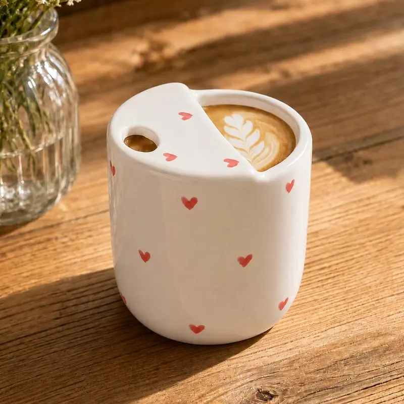 300ml Handmade Aesthetic Ceramic Pottery Mug - Cute Pink Heart Handpainted Drinkware, Food-Grade Clay Cup, Reusable Adult Everyday Tumbler, Perfect Gift for Patterned Ceramic Mug Lovers, Ceramic Drinkware