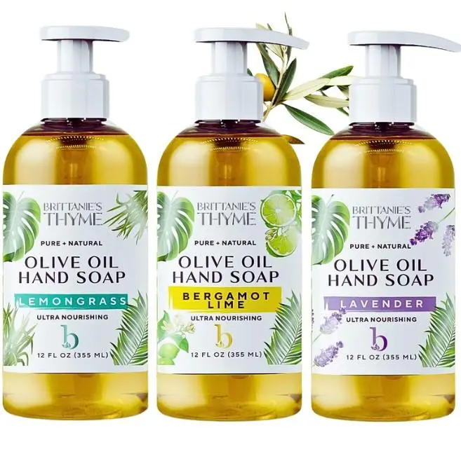 Brittanie's 12oz 3-Pack Variety Olive Oil Hand Soap (36oz Total) - Lemongrass, Bergamot Lime, Lavender - Herbal Cleanser with Essential Oils, Gentle Calming Aromatic Formula for All Skin Types, Daily Moisturizing Sensitive Soothing, Moisturizes