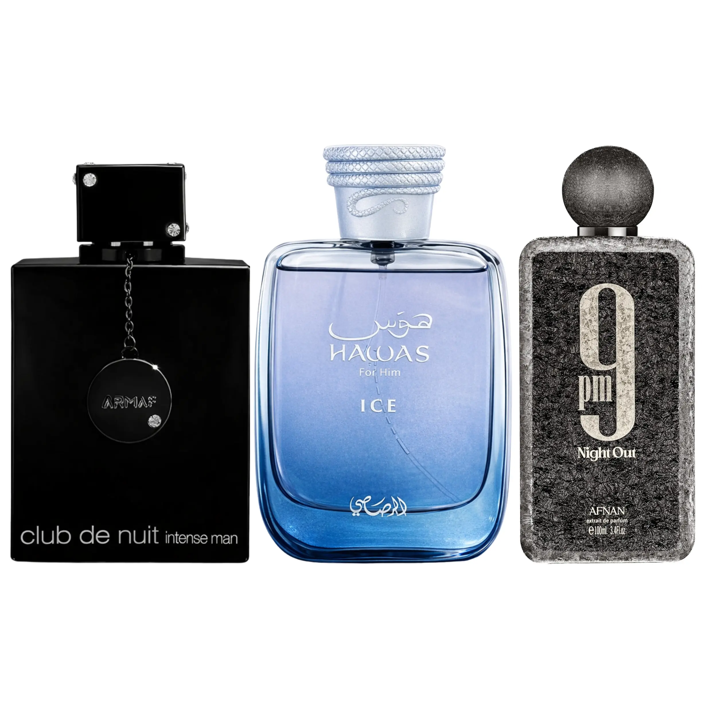 Rasasi Luxury Fragrance Collector's Set for Men - 3-Piece Gift Set with Hawas Ice, Club De Nuit Intense & 9PM - Jasmine, Vanilla & Citrus Notes - EDP & EDT Multi-Pack, 3 x 100ML, Collector's Set Men's Fragrance
