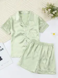 SheIn Premium Satin Pajama Set for Kids Baby Boys Girls Button-Up Short Sleeve Top & Shorts Loungewear Nightwear Gifts for Kids Casual Pastel Cute Pajamas