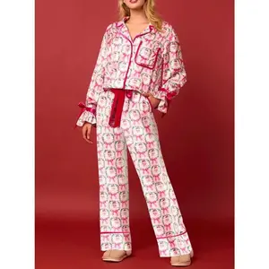 CuteChristmasPajamasWomenBowTieLongSleeveShirtPantsPjSetXmasGraphicPrint2PieceSatinSleepwearComfortLoungewear