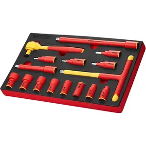VEVOR Insulated Socket Set, 16-Piece Insulated Wrench Tool Set, 1000V Insulated Socket Tool, with Insulated Sockets, Insulated T-Handle Wrench, Drive Rachet, Extensions, for Electricians Home RepairVEVOR Super Brand Day