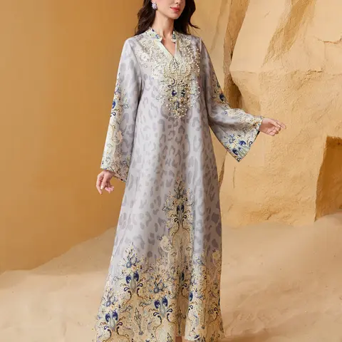 Women's Traditional Ethnic-Pattern Long Dress with Faux Pearl Decor, Boho Long Sleeve Dress for Vacations and Wedding Guests, Ladies Modest Muslim Clothing for All Seasons, Bohemian, Flowy Gown, Wedding Guest Dresses, Womenswear