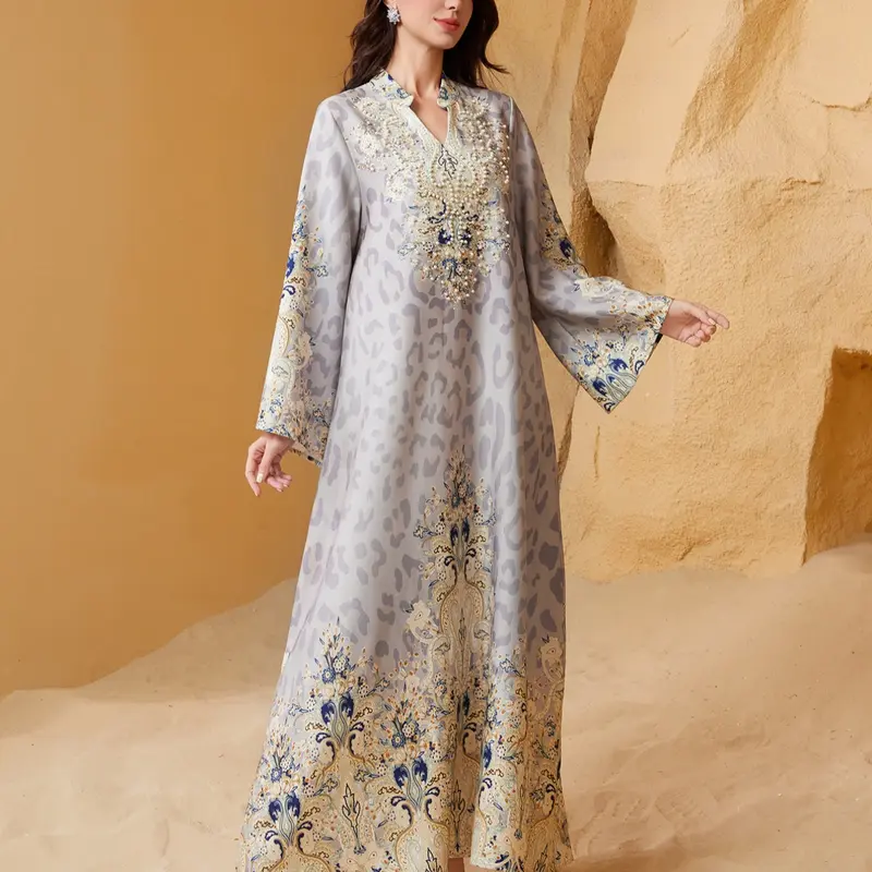 Women's Traditional Ethnic-Pattern Long Dress with Faux Pearl Decor, Boho Long Sleeve Dress for Vacations and Wedding Guests, Ladies Modest Muslim Clothing for All Seasons, Bohemian, Flowy Gown, Wedding Guest Dresses, Womenswear