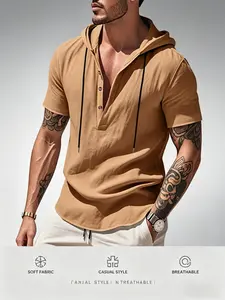 Summer Men's Linen Short Sleeve T-Shirt, Breathable Fabric, Drawstring Hood, Half Button Design, Casual Style, Multiple Colors Available