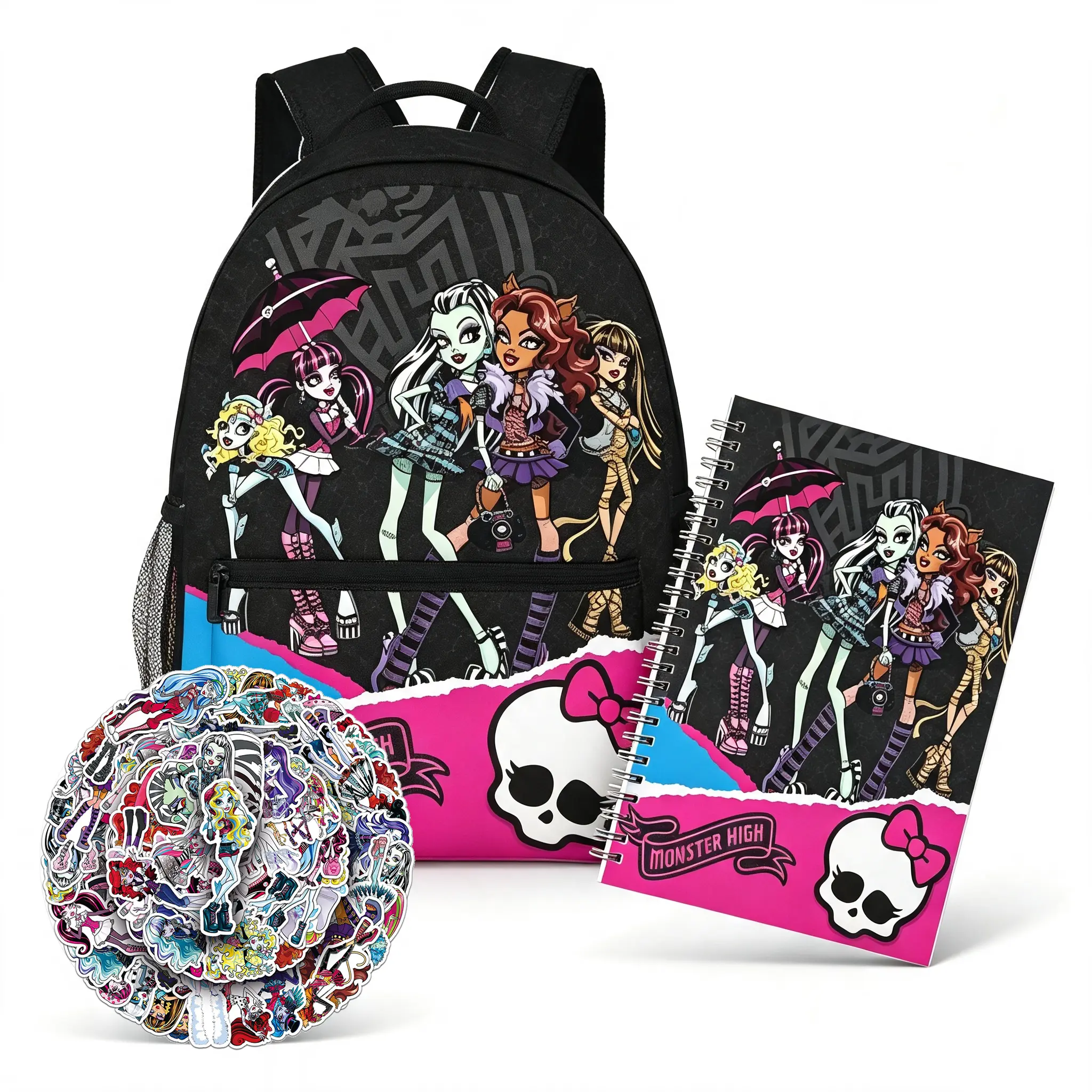 Monster High Backpack Set for Boys Girls Teens, Anime Graphic School Backpack with 1 Notebook and 50pcs Stickers, Cute Bookbag Set with Side Pockets for  Elementary Middle School  Travel