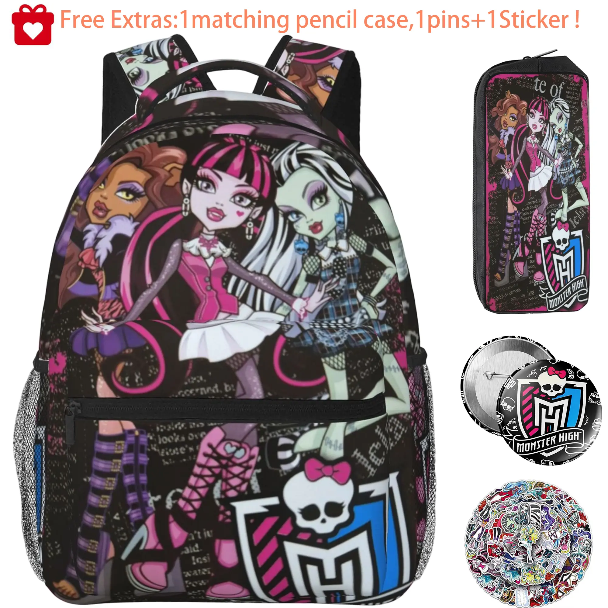 Monster High Backpack for Girls Women 15.7 Inch Monster High Dolls Fashion Print Bookbag for Teens Adults, Ideal for School, Work, and Travel
