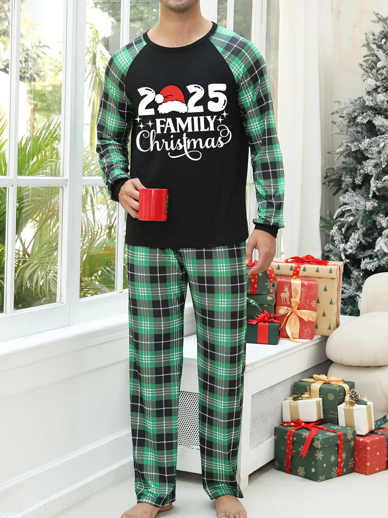 2-Piece Autumn and Winter Men's Christmas Printed Long Sleeve Pajama Set