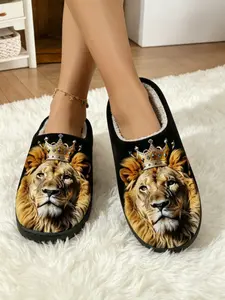 Lion King Print Plush Half-Enclosed Slippers, Non-Slip Lightweight Thick Sole, Soft Skin-Friendly Warm, Unisex Home Comfort Lazy Slippers