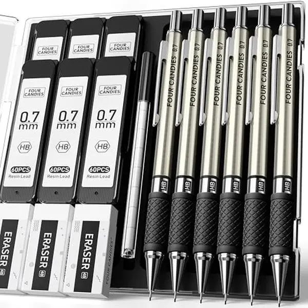6PCS Metal Mechanical Pencil Set with 0.7mm Medium Point, 360 Leads, 12 Erasers, Art Mechanical Pencils Pack with Storage Case for School Writing, Sketching, Drawing & Professional Drafting