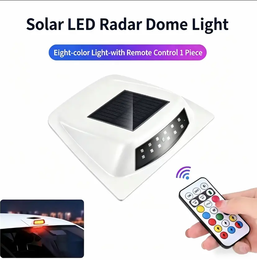 Solar Wireless Strobe Light, No Wiring Needed for Truck/SUV, 8-Color LED Warning Lamp with Remote & Smart Vibration Sensor