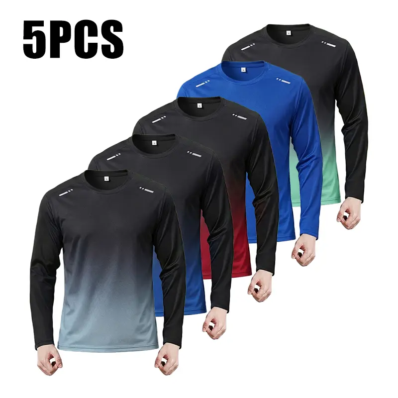 Pack of 5 men’s gradient long-sleeve sports T-shirts — quick-drying, breathable casual tops with moisture-wicking; suitable for all seasons and ideal for fitness training.
