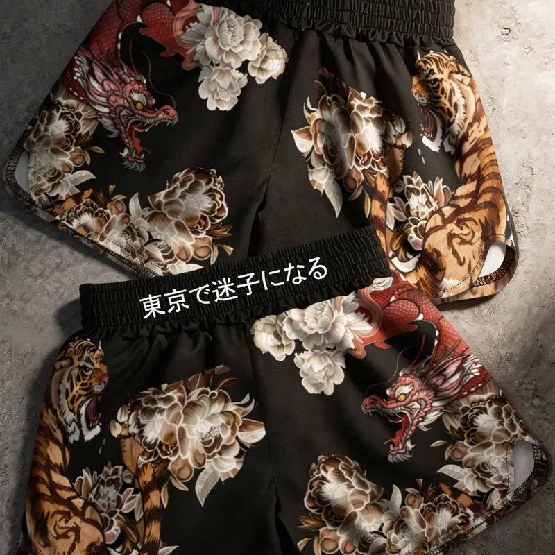 Unisex Vintage Asian Art Tiger Dragon Floral Print Fight Shorts, Quick Dry Boxing Shorts for Gym, Martial Arts & Workout, Graphic Fitness Shorts, Sports Short