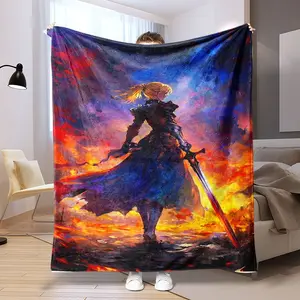 Fate Series Saber Altria Anime Print Flannel Blanket, Soft Warm Anti-Pilling, Ideal for Sofa Bed Travel Camping Office
