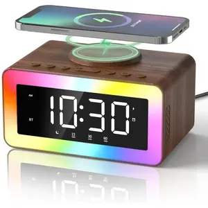Alarm clock with wireless charging whitebrown noise sound machine bluetooth speaker night light wooden digital alarm clocks for bedroomswireless charger for iphone birthday gifts for men women