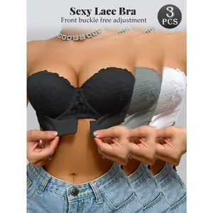 3-Pack Women's Breathable & Comfortable Front Plus Back Clip Bra, Strapless and Transparent Adjustable Strap Hook & Eye Buckle Back or Front Bra, Lace Push-up Medium Stretch Fit Lady Bras for All Seasons