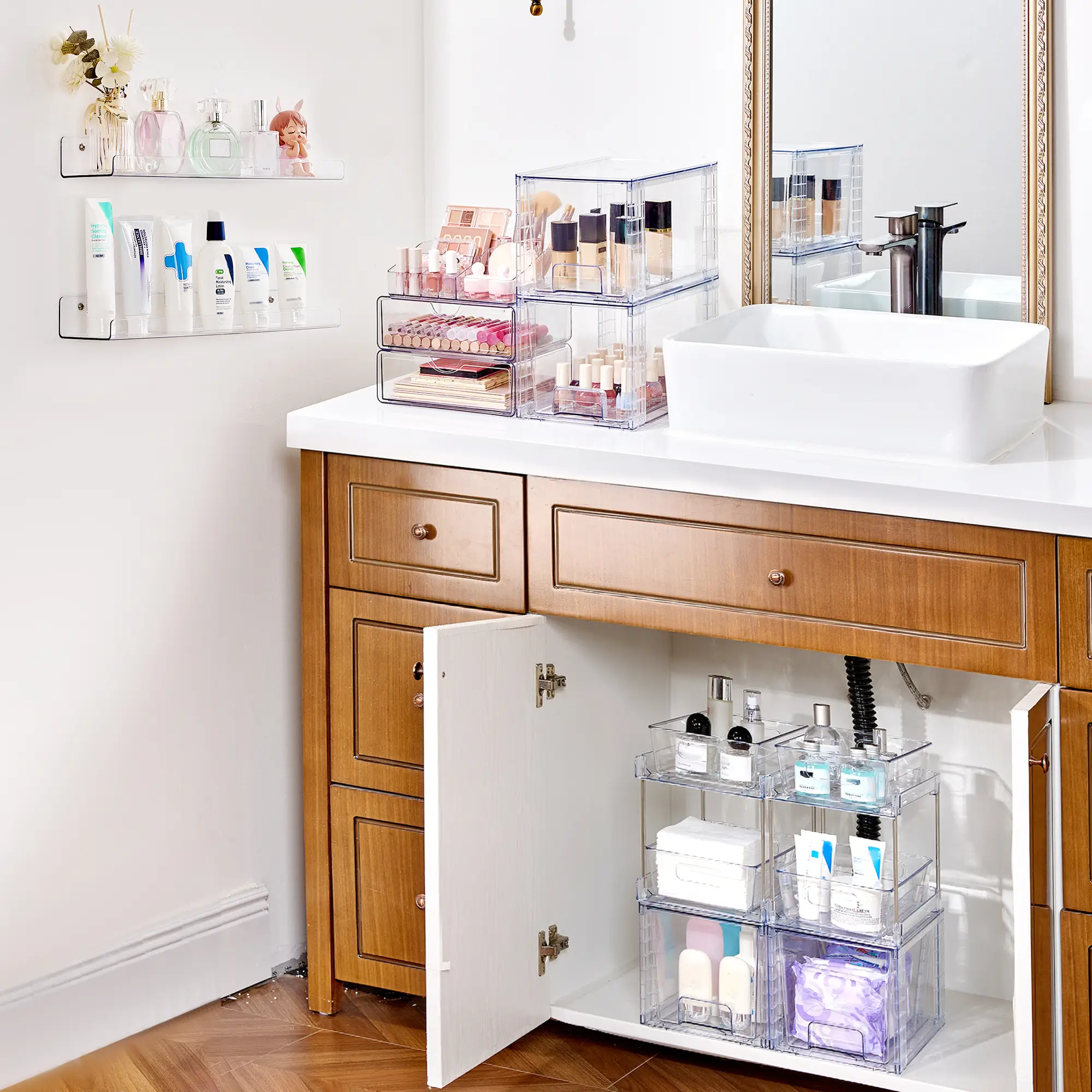 VTOPMART Bathroom Organize Combo-4 set, Transparent Stackable Storage Drawers, Suitable for Bathroom Under Sink Makeup Vanity Multi-Scene Storage Solu