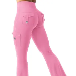 Sports Flared Leggings with Pockets Invisible Elastic High Waist Cargo Gym Outdoor Yoga Pants