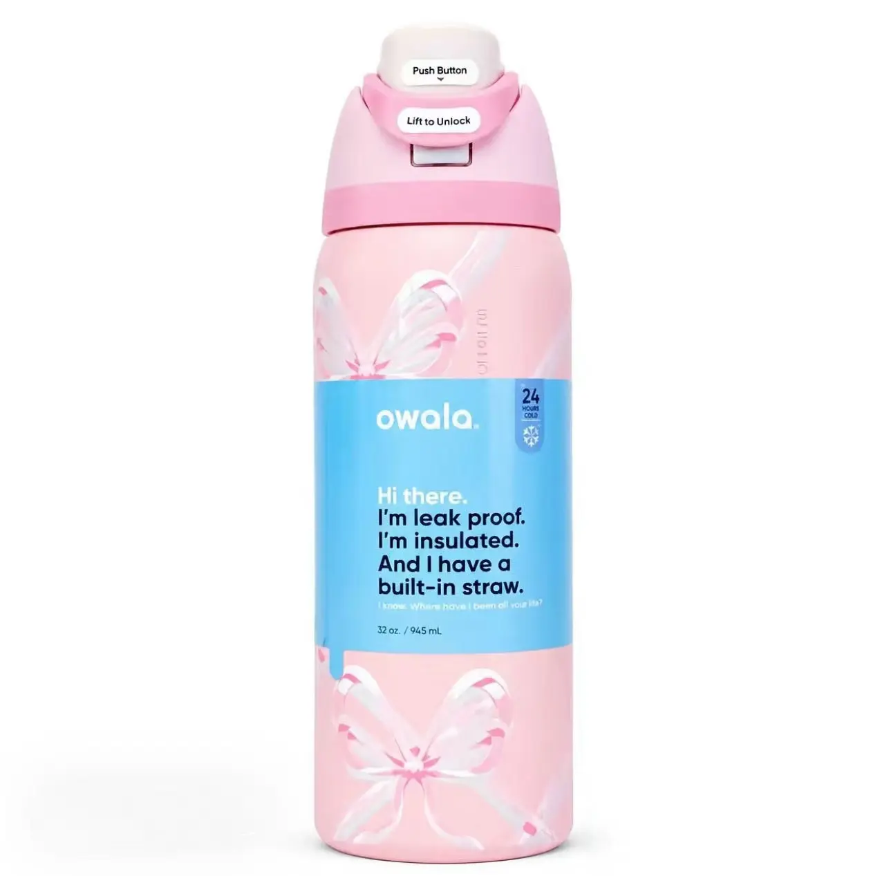 Coquette Pink Bow Owala FreeSip Water Bottle 32oz, Aesthetic Vacuum Insulated Stainless Steel Straw Lid Cup for Girls, College, Travel and Cold Drinks,dorm essentials,home decor