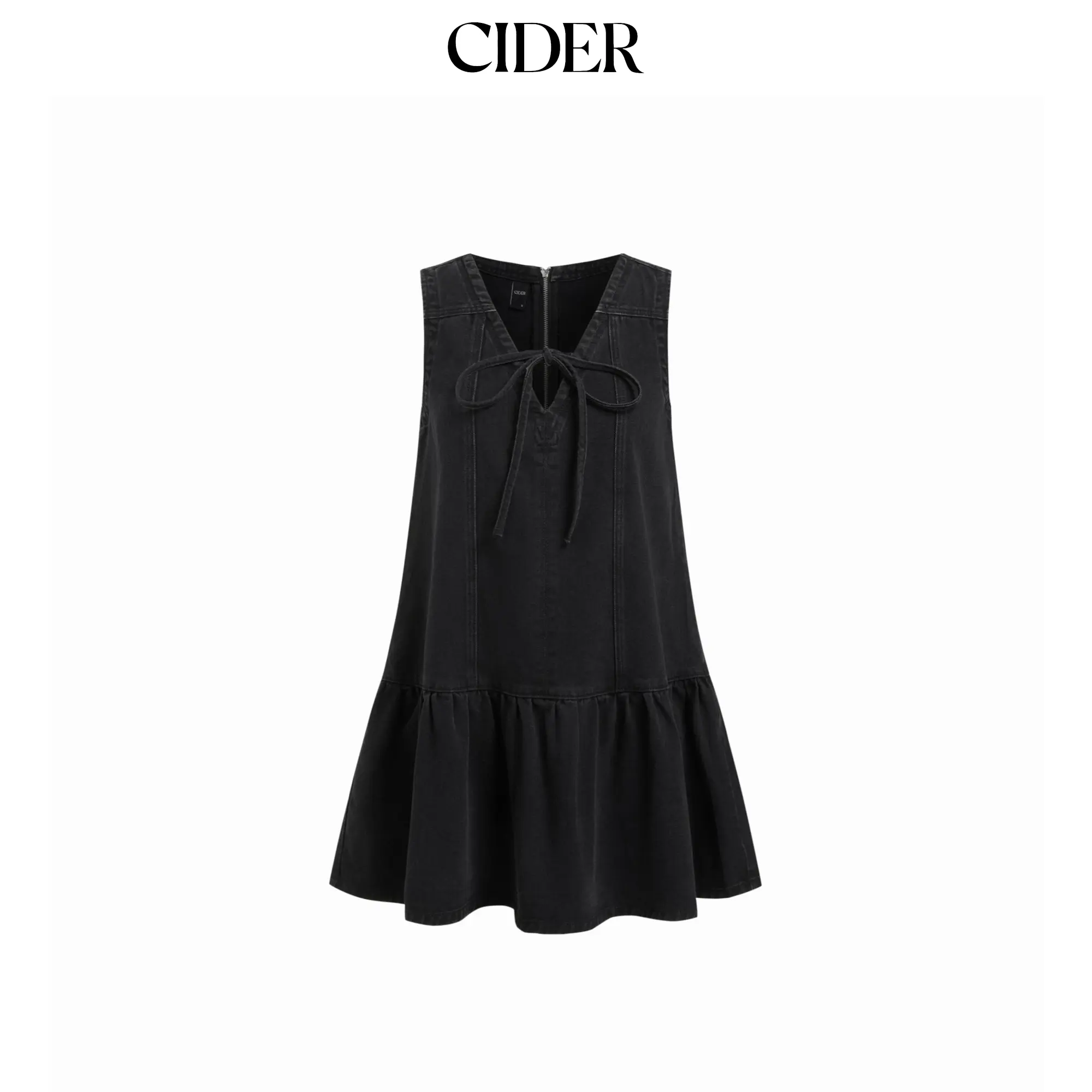 Cider Denim V-neck Knotted A-line Oversized Mini Dress