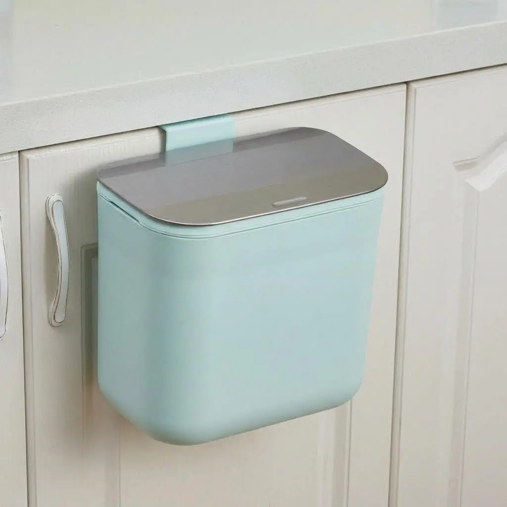 1.8 Gallon/7L Hanging Trash Can, with Stainless Steel Lid, Under Sink Compost Bin for Kitchen Cabinet Door, Garbage Can with Hanging Hook,Food Waste Bin for Kitchen, Bedroom, RV, Bathroom, Green