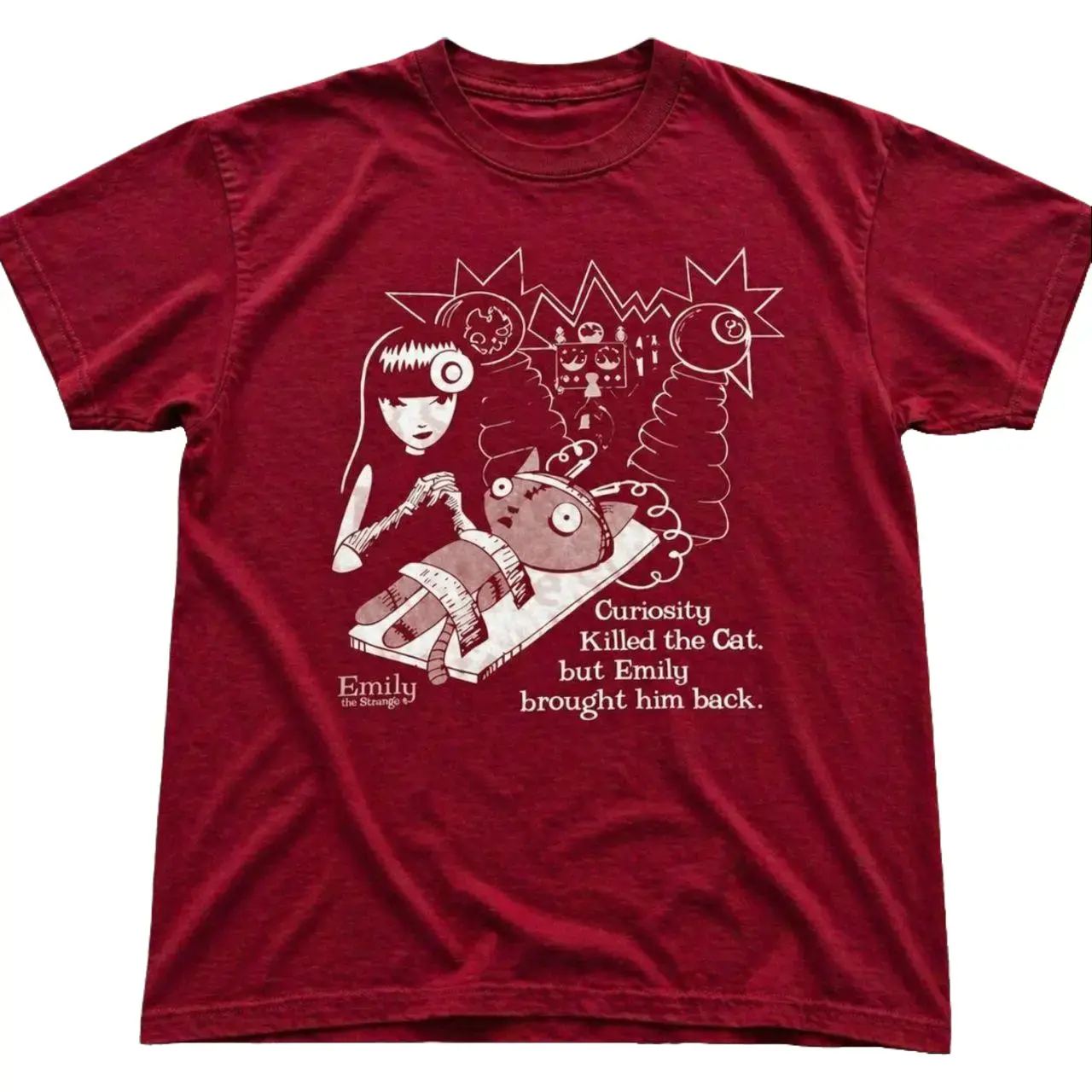 Emily The Strange Cat Graphic T-Shirt, Vintage Alternative Cartoon Tee, Curiosity Killed The Cat Shirt, Unisex Antique Cherry Red Cotton Tee
