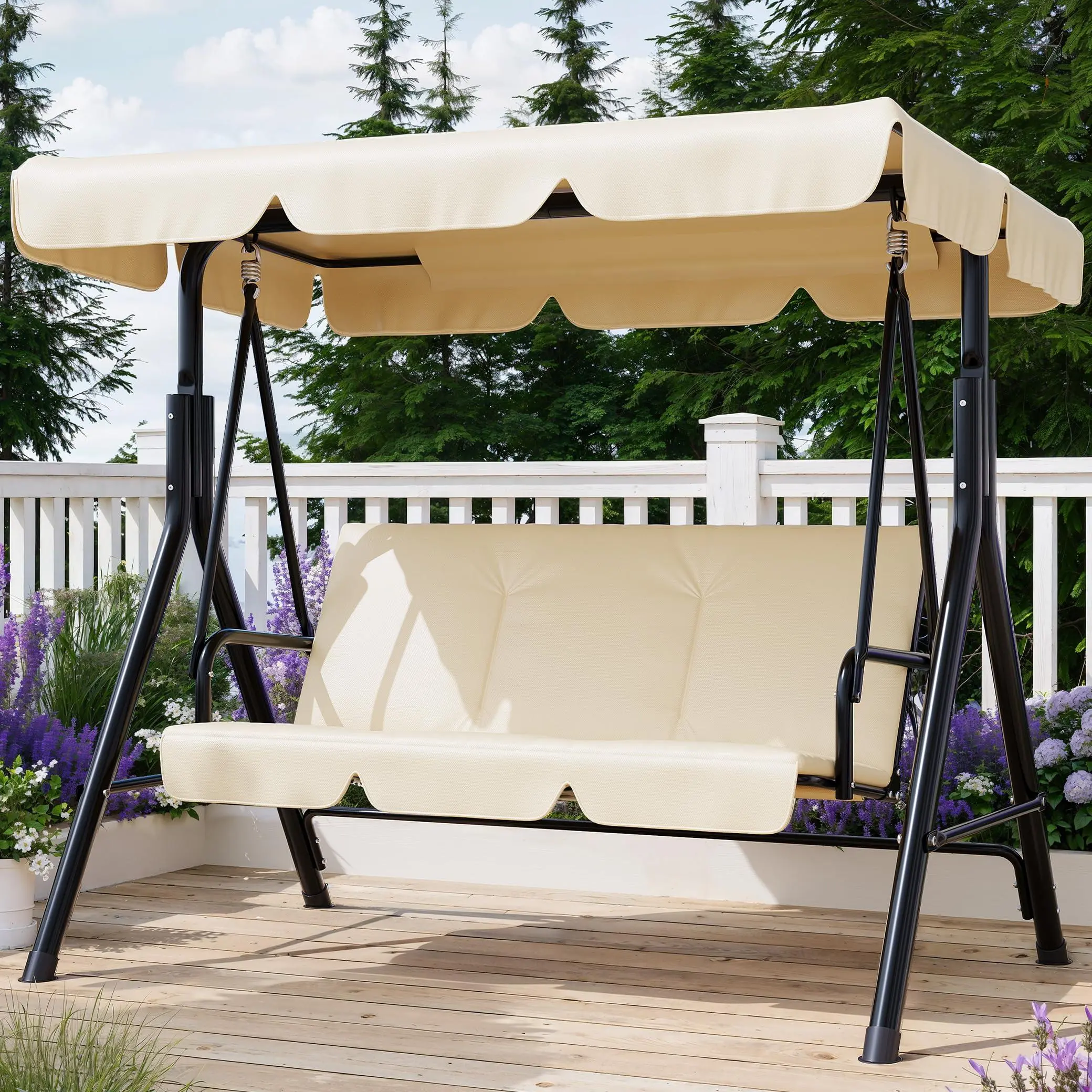 Khika Outdoor Porch Swing with Adjustable Canopy, 3-Seat Patio Swing Chair with Stand, Heavy Duty Outdoor Swing for Adults, Metal Frame Patio Swing for Garden, Backyard & Poolside